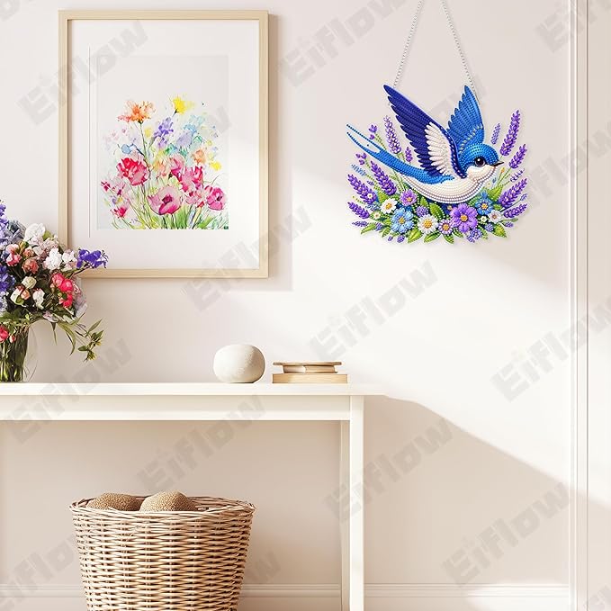 Eiflow Acrylic Diamond Art Hanging Kit for Adults, DIY Diamonds Painting Door Hanger Board Kit, Special Crystal Diamond Art Painting Pendant Ornament (Blue Bird)