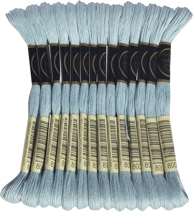 LE PAON Embroidery Floss, 14-Pack Six Strands 100% Long Staple Cotton Embroidery Thread, 8.7-Yard，Color Number：800, Pale Delft Blue