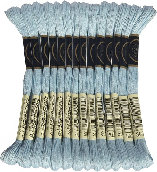 LE PAON Embroidery Floss, 14-Pack Six Strands 100% Long Staple Cotton Embroidery Thread, 8.7-Yard，Color Number：800, Pale Delft Blue