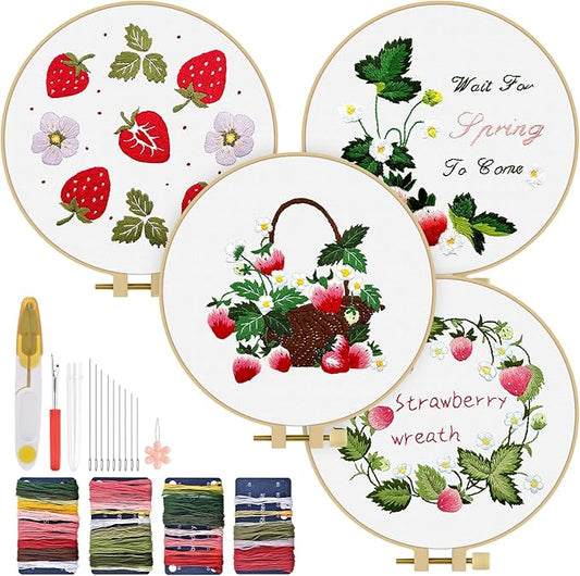 TINDTOP Embroidery Kit for Adult, 4 Pack Cross Stitch Practice Kits for Beginners Include Embroidery Cloth Hoops Threads for Craft Lover Hand Stitch with Embroidery Skill Techniques