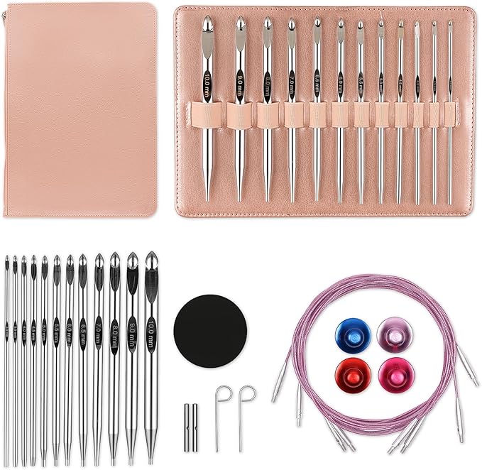 Tunisian Crochet Hooks Set Aluminum Metal Interchangeable Crochet Hook with Cable 3mm-10mm Ergonomic Crochet Hooks for Arthritic Hands 26Pic (Pink)