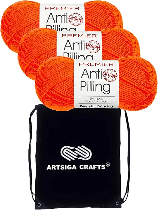 Premier Yarns Everyday Anti-Pilling Solid Flame Orange DN100-41 (3-Skeins - Same Dye Lot) #4 Worsted Weight Acrylic Yarn for Crocheting and Knitting with Project Bag