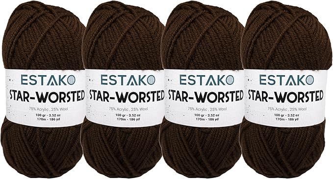 Estako Star-Worsted Yarn - (4 Skeins Pack) - 75% Acrylic 25% Wool - Soft Medium Weight #4 - (4 x 3.52 oz / 4 x 186 yds) - Crochet & Knitting Yarn (47013 - Brown)