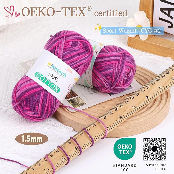 Katech Pure Cotton Yarn for Crocheting & Knitting–Soft Sport Weight CYC #2, 6 Skeins (50g Each, 300g Total), Ideal Crochet Yarn for Dishcloths, Baby Clothes, Socks, Lightweight Scarves（Berry Sunset）