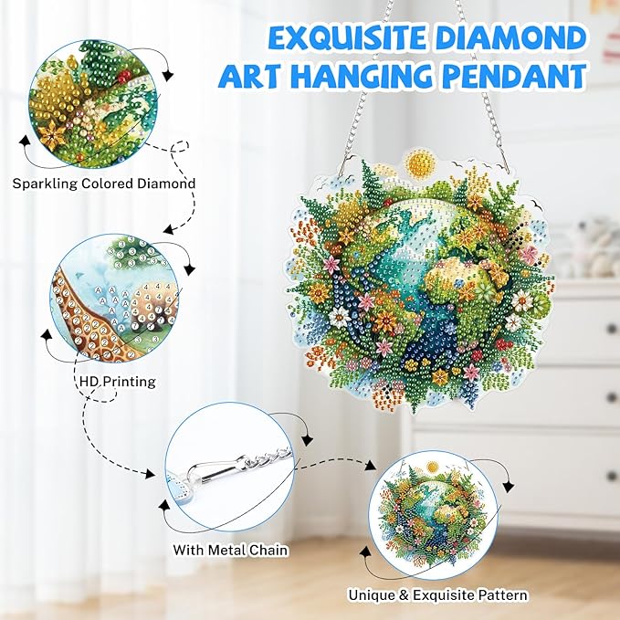 Bowetile Protect the Earth Diamond Art Hanging Kits for Adults, Diamond Art Suncatchers Earth, 5D Special Shape Diamond Painting Pendant Window Ornament Gifts for Home Wall Garden Decor