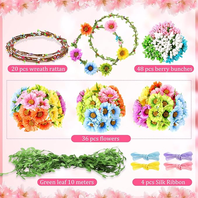 Syhood Daisy Crowns Making Kit for Woman 109 Pieces Parts, Make Your Own Flower Crown Wreath Headbands and Bracelets Craft Kit Hair Accessories Handmade DIY Floral Garland Presents for Adult