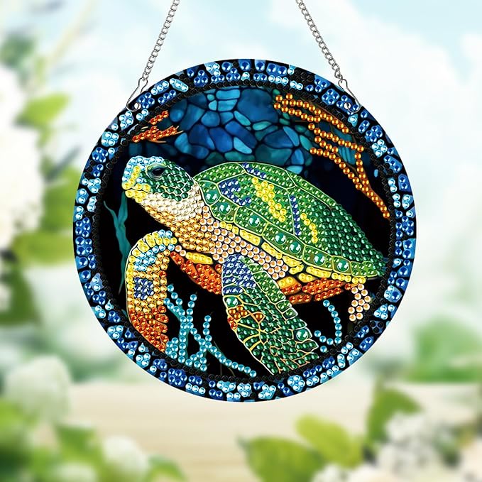AiYuanzsh Sea Turtle Diamond Painting Hanging Pendant Kit, Special Shaped Diamond Dots Acrylic Ornament, DIY Diamond Art Pendant for Adults Home Wall Window Decoration Gift
