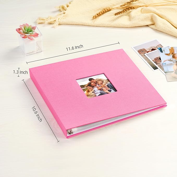 Mublalbum 10x10 Inch DIY Scrapbook Photo Album with 20 Plastic Sleeves 40 Pages Linen Cover 3 Ring Folder Binder for Wedding Baby Family and DIY Projects (Pink)