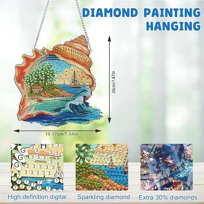 MAXBYE Diamond Art Kits Hanging Ocean Conch Pendant, DIY 5D Special Shaped Diamond Painting Craft Gem Art Rhinestone for Adults and Home Window Door Decor 8×8 Inch