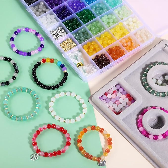 funtopia 8mm glass beads for bracelets, 36 colors crystal beads for jewelry making, 1061pcs bracelet making kit, round glass bead for diy earrings necklace crafts with spacer bead and charms