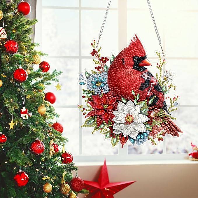 MEIYUDA Christmas Diamond Art Hanging Kits for Adult, Flowers Cardinal Diamond Painting Hanging Kits Ornaments, DIY Special Shaped Rhinestone Window Pendants kit for Home Garden Wall Decor Gift