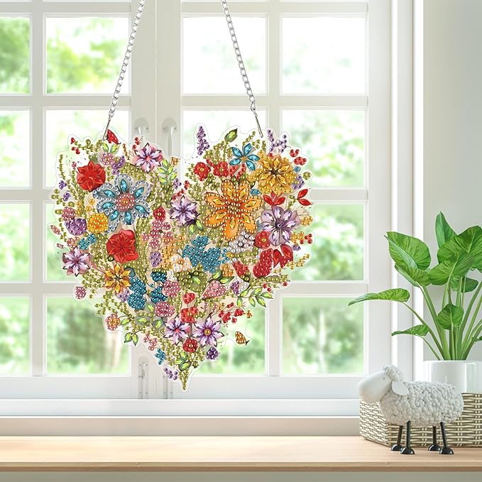 Heart-Shaped Flower Diamond Art Hanging Kits for Adults, Diamond Art Suncatchers Flowers, 5D Special Shape Diamond Painting Pendant Window Ornament Gifts for Home Wall Door Decor