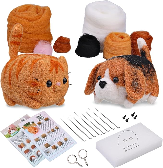 SHWAKK Needle Felting Kit, 2 PCS Dolls Needle Felting Starter Kit with Instructions, Felting Pad, Felting Wool, Felting Needles, Keychain and Split Ring etc