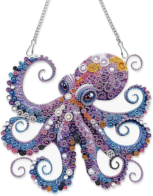 AiYuanzsh Octopus Diamond Painting Hanging Ornament, 5D DIY Special Shaped Diamond Art Pendant Kit for Adults, Large Ocean Animal Wall Hanging Craft Decoration 24.1x22.6cm, Nautical Home Decor & Gift
