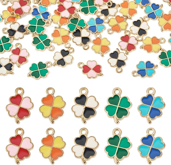 Cheriswelry 50Pcs Clover Charms Enamel Alloy Gold Plated Pendants Shamrock Four Leaf Lucky Pendants 18x12x1.3mm for St. Patrick's Day Decoration Necklace Bracelet Earring DIY Jewelry Making