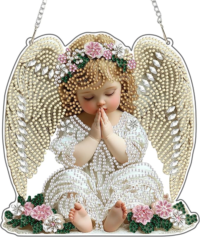 KEYIFA Diamond Painting Kit, DIY Little Angel Diamond Art for Adults, Diamonds Painting Pendant Special Shaped Rhinestone Window Hanging Ornaments Home Garden Wall Door Decoration, 20cm Width