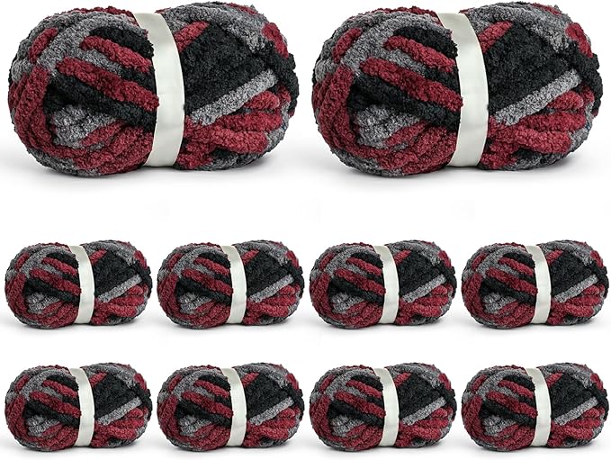 10 Pack Jumbo Chunky Yarn for Hand Knitting, Fluffy Chunky Chenille Yarn for Crocheting, Variegated Chunky Knit Baby Blanket Yarn, 240 yds /70.5 oz Super Bulky Yarn(Gray-Black-Red)