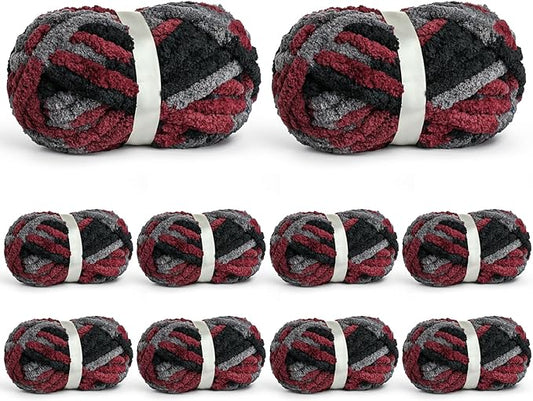10 Pack Jumbo Chunky Yarn for Hand Knitting, Fluffy Chunky Chenille Yarn for Crocheting, Variegated Chunky Knit Baby Blanket Yarn, 240 yds /70.5 oz Super Bulky Yarn(Gray-Black-Red)