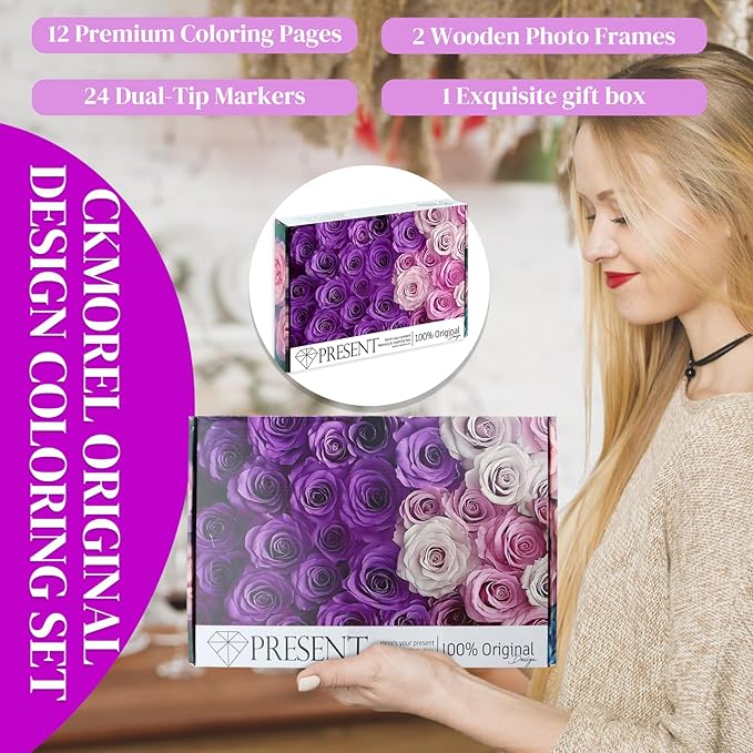 Adult Coloring Book with 24 Dual Tip Colors Markers, 12 Pcs Premium Coloring Pages & 2 Pcs Wooden Photo Frames & 24 Colors Markers, Mindfulness Art-Painting-Kits Gifts for Women - Flowers