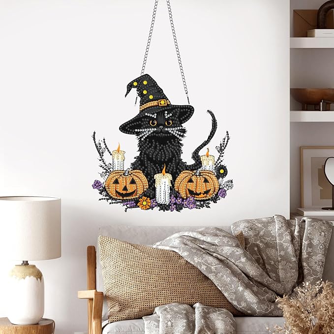 Pavemlo Hanging Diamond Art Kits for Adults Halloween Cat – 8x8 Inch Double-Sided Acrylic Board DIY Crystal Diamond Suncatcher Pendant, Sparkling Home Wall or Window Decoration Handmade Gift