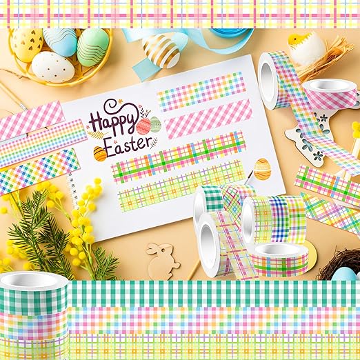 12 Rolls Happy Easter Washi Tape Set, Spring Colorful Pastel Buffalo Plaid Checkered Masking Decorative Tapes for DIY Craft Scrapbook Journals Easter Gift Wrapping School Supplies Decor 16.4FT
