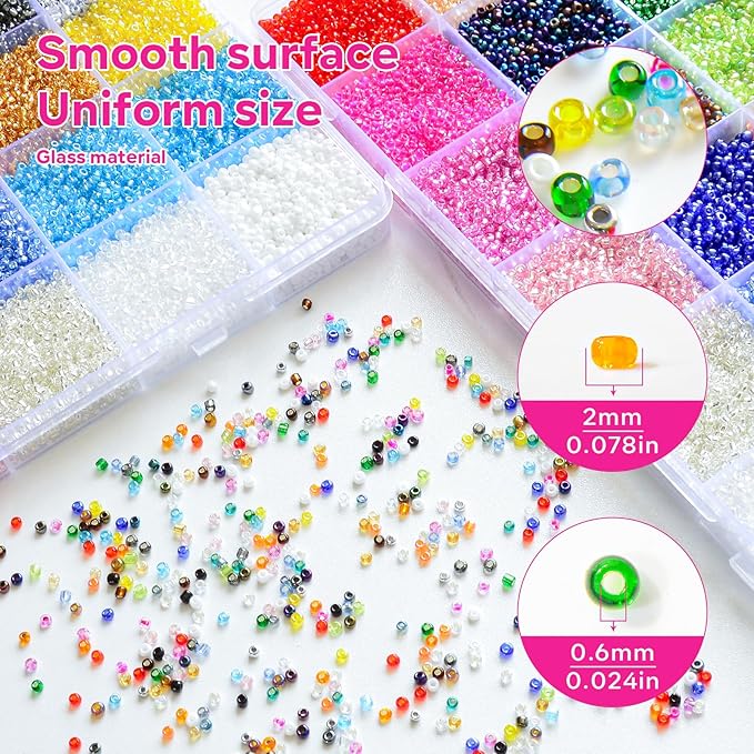 26000PCS 2mm Glass Seed Beads Kit – 28 Assorted Colors Small Beads Set for Jewelry Making, DIY Bracelets, Necklaces, Earrings, Craft Projects