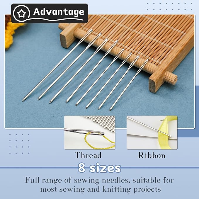 TLKKUE 100/40 Pcs Large-Eye Blunt Needles, Tapestry Needle with Needle Threader Thimble, Steel Yarn Needles for Sewing Knitting Crafting Weaving Crochet Tapestry (Silver, 8 sizes/40 pcs)