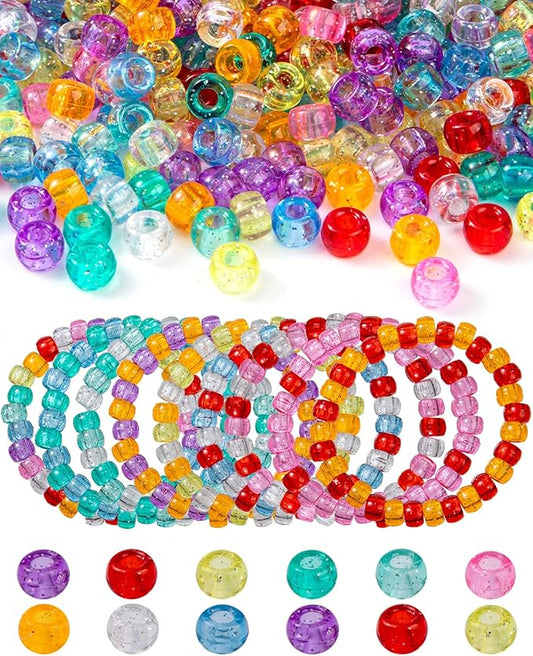 1000+ Pcs Pony Beads, Multi-Colored Glitter Colors, Kandi Beads for Bracelet Making, Hair Braids, Necklaces, Key Chains, Jewelry