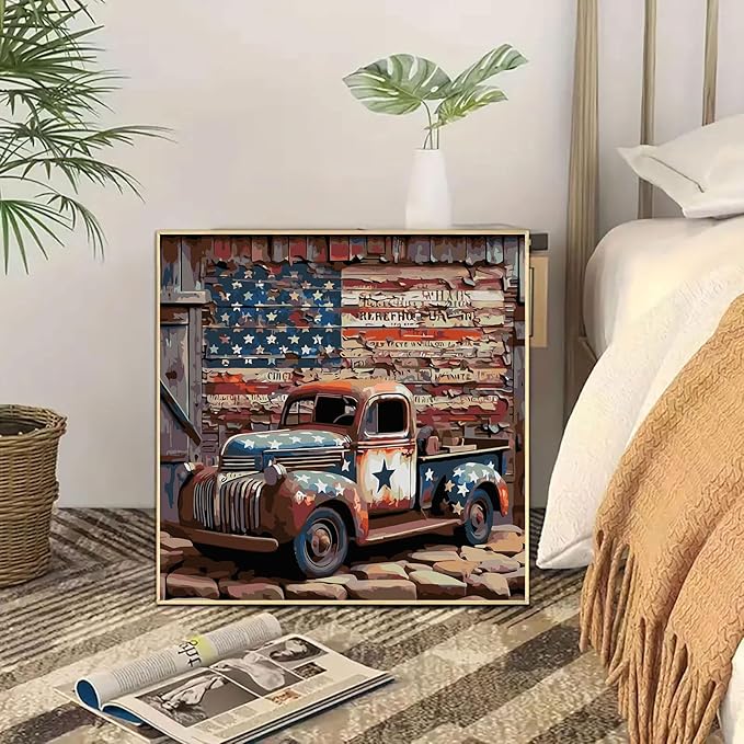 CHWGLFGG Vintage Truck Paint by Numbers Kit for Adults On Canvas,DIY Easy Adult Paint by Number Kits American Flag,Paint by Color Acrylic Paint Painting Home Wall Decor 16x16inch (Without Frame)