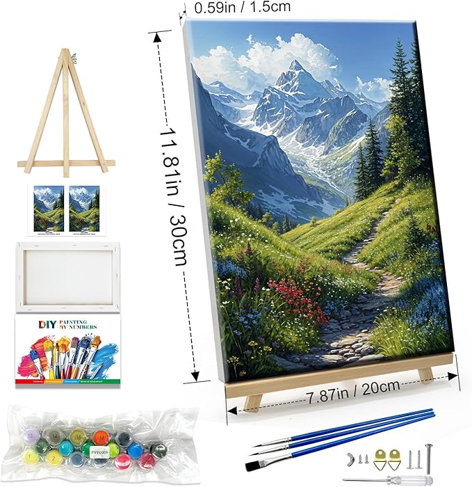 JOOZ Landscape Paint by Numbers for Adults Beginner with Easel Mountain Paint by Number Kits on Canvas with Frame DIY Abstract Tree Oil Painting for Gift Home Wall Decor 7.87x11.81 Inch