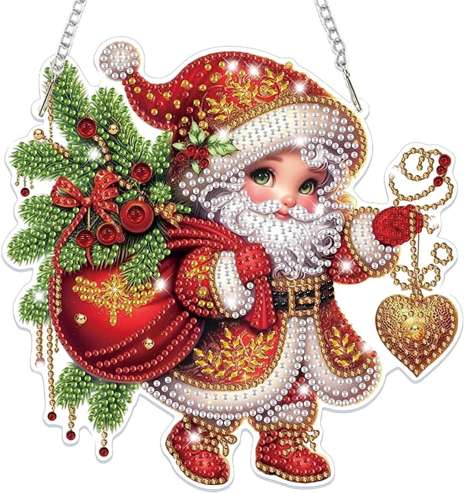 Bowetile Christmas Diamond Art Hanging Kits for Adults, Diamond Art Suncatchers Santa Claus, 5D Special Shape Diamond Painting Pendant Window Ornament Christmas Gifts for Home Door Wall Decor
