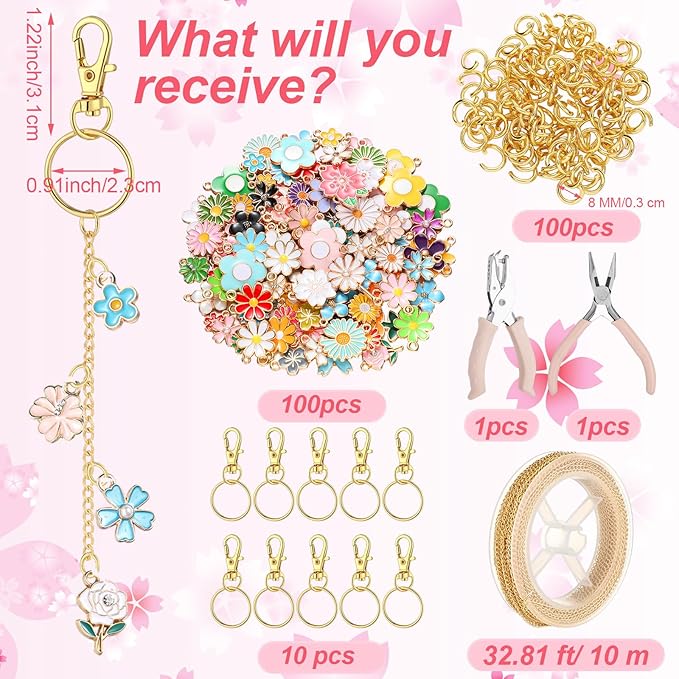 VioraWhite 213 Pcs Lip Gloss Keychain Making Kit 100 Pink Enamel Charms 32.81 ft Gold Chains for DIY Crafts Women(Floral)