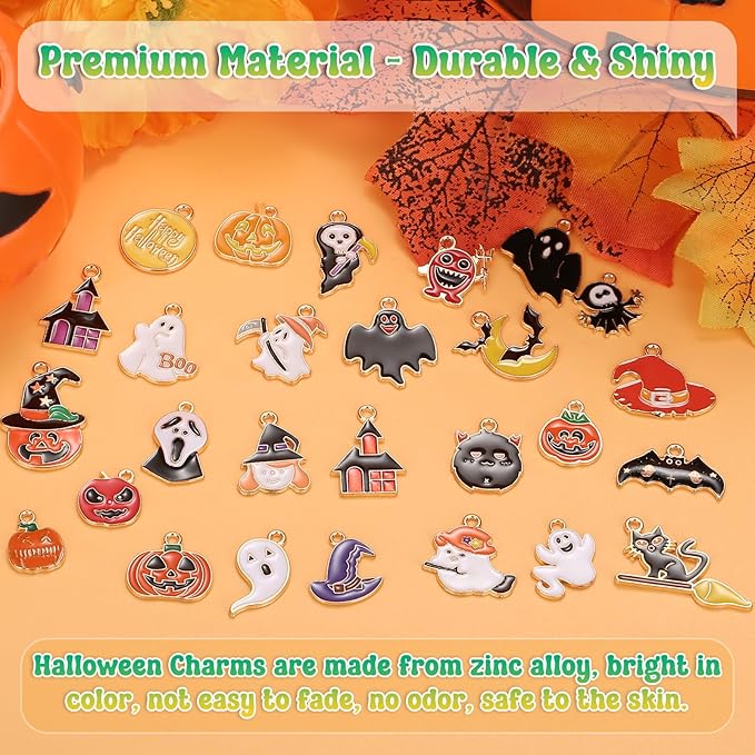 100Pcs 50 Pairs Halloween Charms for Jewelry Making and Bracelets, Gold Enamel Jewelry Pendants for Halloween Earring Bracelet Necklace Craft Making