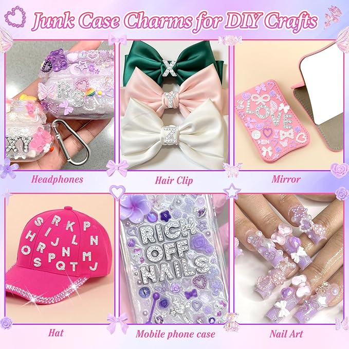 330 Pcs Purple Junk Phone Case Charms 26 Pcs A-Z Rhinestone Alphabet Letter Charms, Mix Flower Bow Heart Pearls Flatback Resin Charms Letter Junk Cases Kit for DIY Crafts