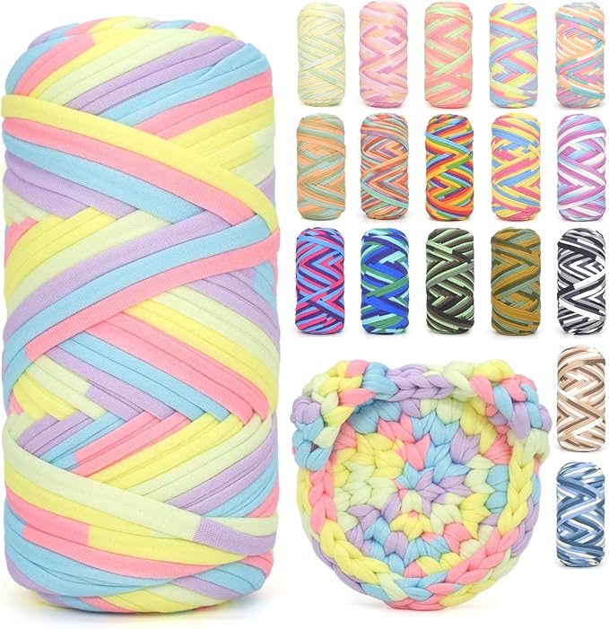 Tshirt Yarn for Crocheting,Rainbow T Shirt Chunky Elastic Fabric Thick T-Shirt Crochet Yarn for Beginners Crocheting Hand Knitting Bag/Basket/Coasters/DIY Crafts/Home Decor 200G-Pastel Rainbow