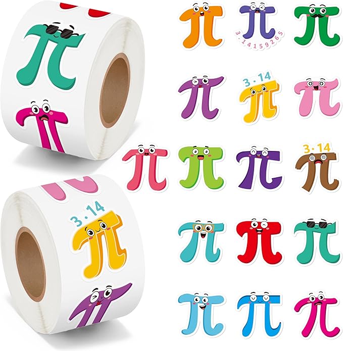 beyumi pi day sticker roll - 1000pcs cute pi day math themed stickers in 2 rolls waterproof vinyl cute π math symbol with funny expression decals for gifts party favor envelopes bottle decor for kids