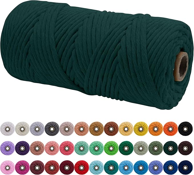 JeogYong Single Strand Macrame Cord 4mm x 109 Yards (328 Feet) Soft Cotton Rope Macrame Yarn 4 mm Macrame Cord, Macrame Supplies for Crafts Wall Hangings Plant Hangers Decorations (Dark Green)
