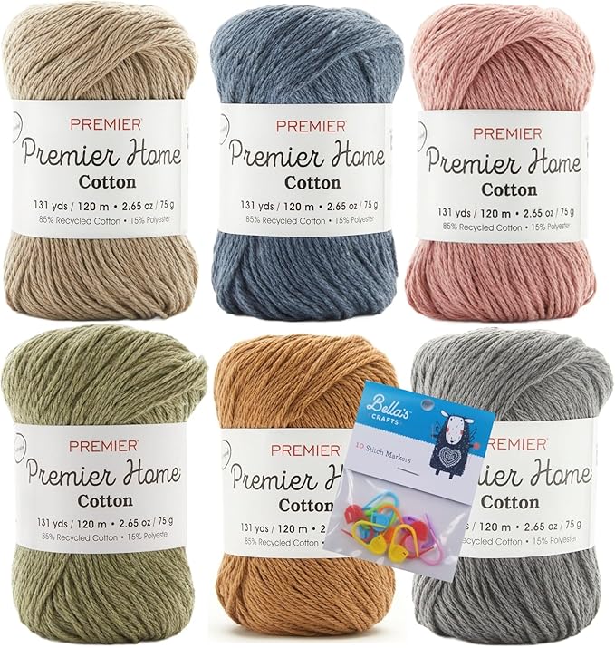 Premier Home Cotton Yarn 6-Pack Bundle with Bella's Crafts Stitch Markers (Earth Tones)