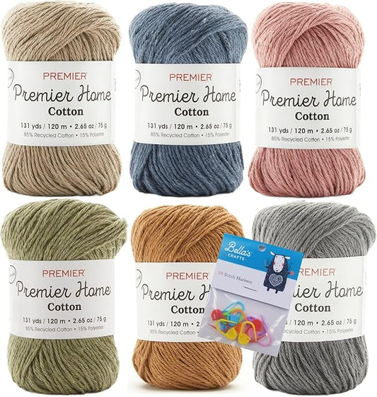 Premier Home Cotton Yarn 6-Pack Bundle with Bella's Crafts Stitch Markers (Earth Tones)
