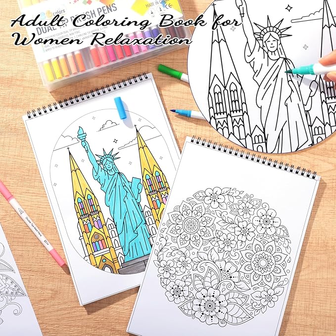 8.3×11.7in Adult Mandala Coloring Book Set for Relaxation, 2 Pack Spiral Bound Coloring Books for Women with 36 Colors Markers, Mindfulness Stress Relief 40 Patterns for Adults, Teens, Ideal Gift
