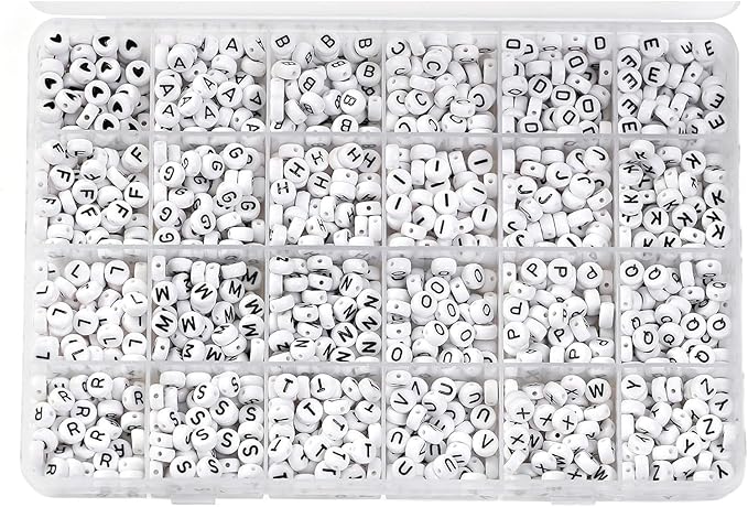 Incraftables 1200pcs Round Letter Beads for Jewelry Making (7mm). A-Z Letters Black Alphabet for DIY Friendship Bracelets & Crafts. ABC Circle & Heart Bead w/Elastic String, Clasps & Organizer Box