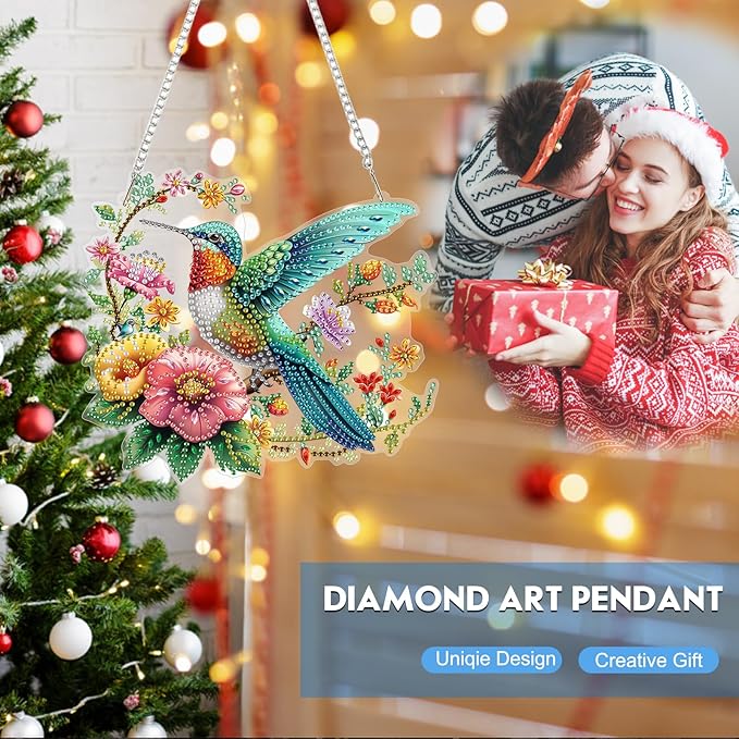 Hanging Diamond Art Kit for Adult, Hummingbird, 5D Special Shaped Rhinestone Diamond Painting Ornament, Hummingbird Flowers, DIY Acrylic Diamond Art Painting Window Pendants Home Garden Wall Decor