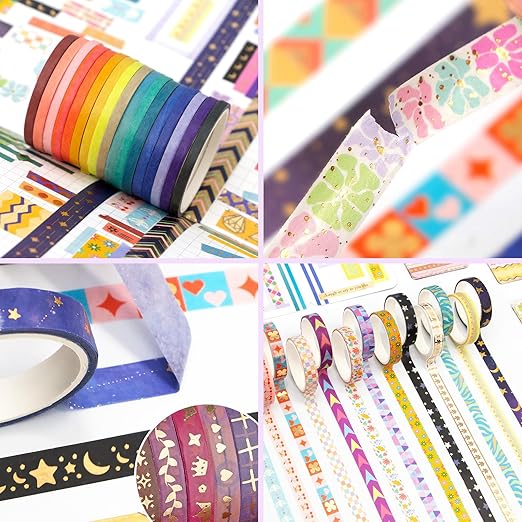 66 Rolls Gold Foil Washi Tape Set - Decorative Washi Stickers, Colored Tape, Cute Washi Tapes for Journaling Supplies, Scrapbooking Supplies kit, Junk Journal, Craft Supplies