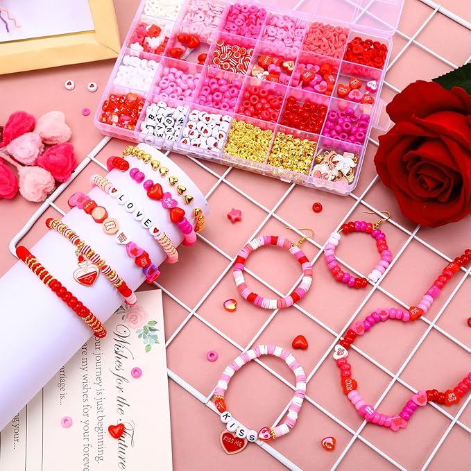 UPINS 2100Pcs Valentine’s Day Bracelets Beads Kit, Valentines Pink Red Beads for Jewelry Making, Assorted Polymer Clay Beads Heart Pony Candy Beads Letter Spacer Bead and Sweet Charms for Bracelet