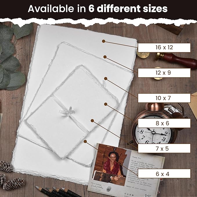 LEATHER VILLAGE Watercolor Paper - 7 X 5 inches, 50 Sheets - Mixed Media Watercolor Paper - 150 GSM Thick Deckle Edge Virgin Cotton Handmade Paper - Off White