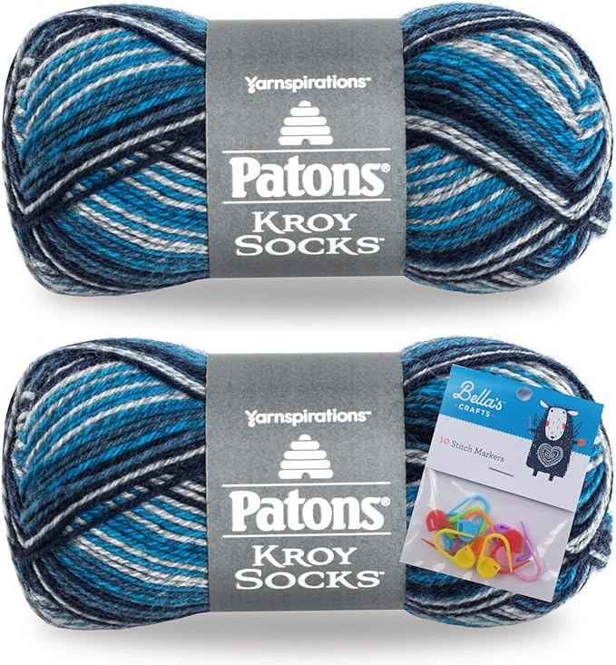 Patons Kroy Socks Yarn 2-Pack Bundle with Bella's Crafts Stitch Markers (Sing'n The Blues Stripes)