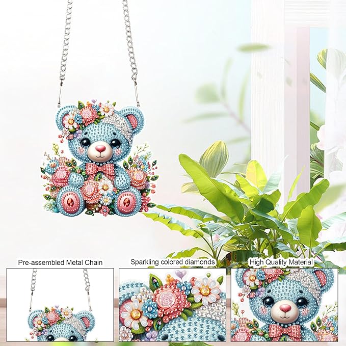DIY 5D Diamond Painting Hanging Kit Blue Bear Doll Pattern, Sparkling Diamond Art Kit for Adults, Diamond Art Pendant Ornament Craft for Wall, Door, Home and Garden Decor