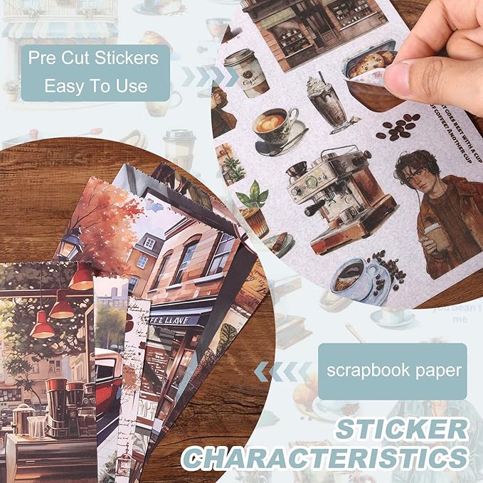 Scrapbooking Stickers - 500 Pre-Cut Washi Stickers & 20 Scrapbook Papers Coffee and People Sticker Books for journaling Scrapbooking Supplies