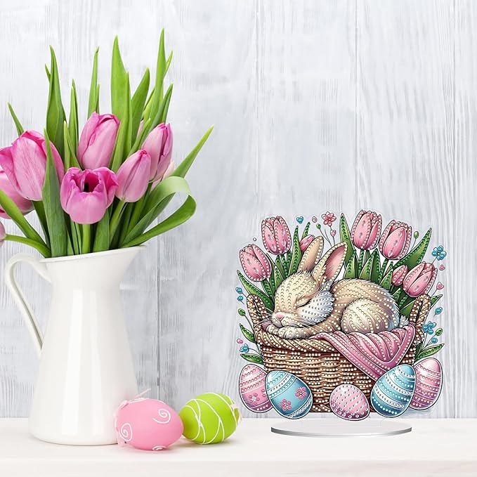 DIY Dot Diamond Art Painting Desktop Easter Creative Ornaments by Number Embroidery Arts and Crafts Easter for Home Office Garden Decoration (Single Side Dot Diamond)-2PCS