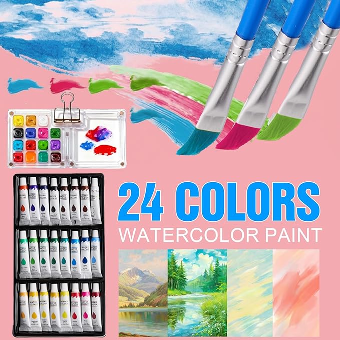 Watercolor Workbook, Water Coloring Book, 24 Colors Watercolor Paint Set with Palette and Brush, 12 Different Patterns of Original DIY Designs, Beginner-Friendly Watercolor Workbook (Flowers 2)